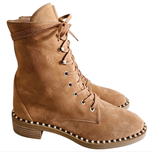 Stuart Weitzman Allie Suede Feminine Casual Leather Pearls Camel Boots Size 8. - Picture 5 of 9